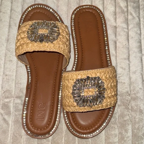 INC International Concepts Tan Woven Slide Sandals with Rhinestones - Picture 8 of 16